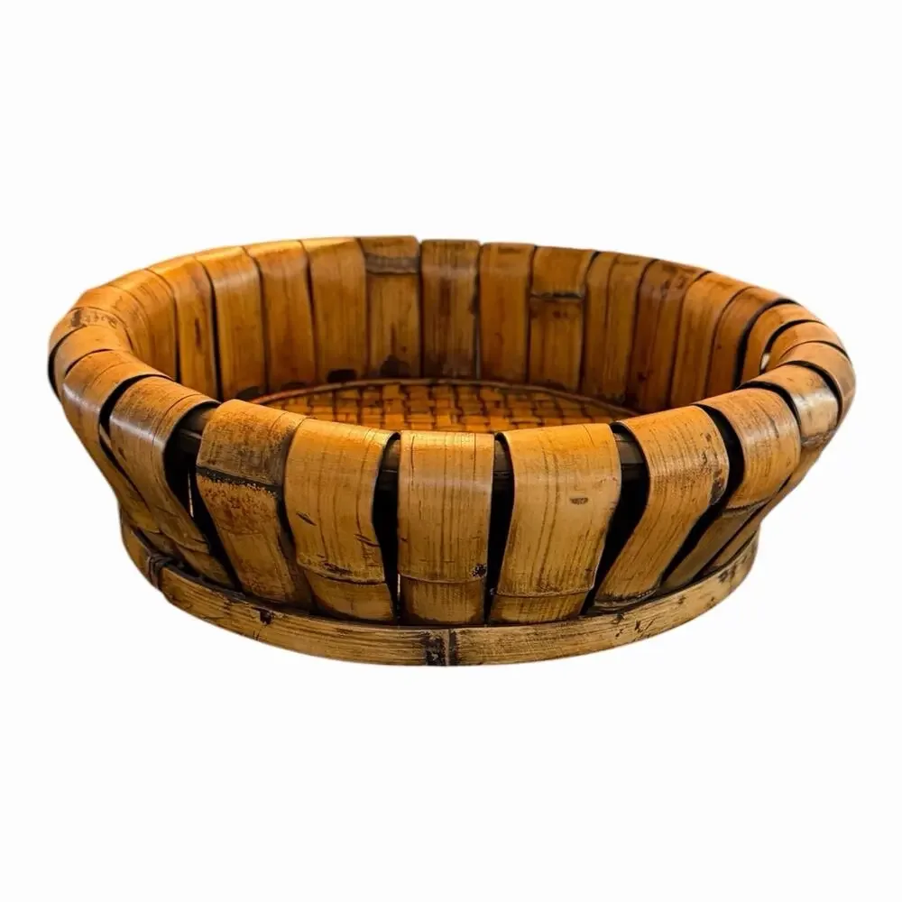 Vintage Hand Woven Wooden Bent Bamboo Slats Fruit Basket/Serving Tray 15”x4.5”